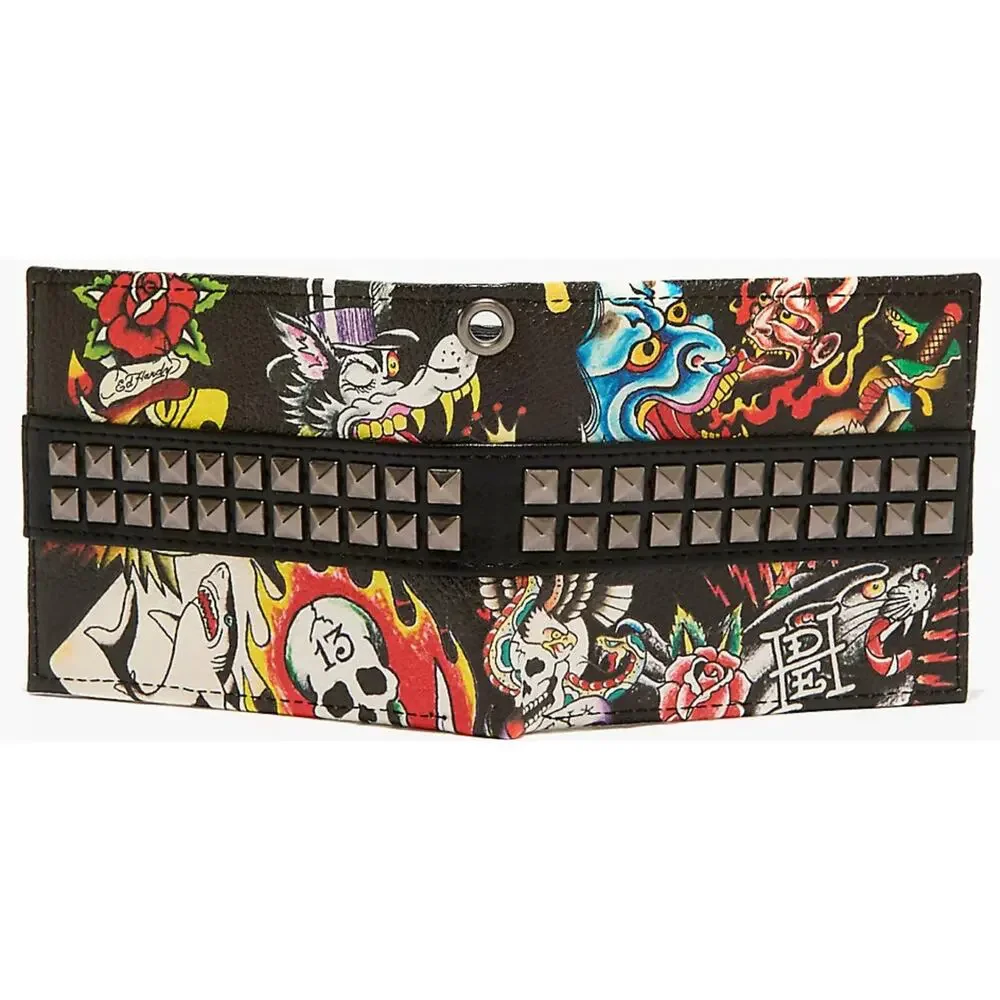 Ed Hardy Men's Pyramid Stud Biker Bifold Black Wallet With Removable Chain